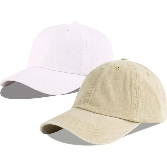Unisex Khaki + White Baseball Cap Cotton Soft Fits Washed Denim Adjustable Hat - Picture 1 of 1